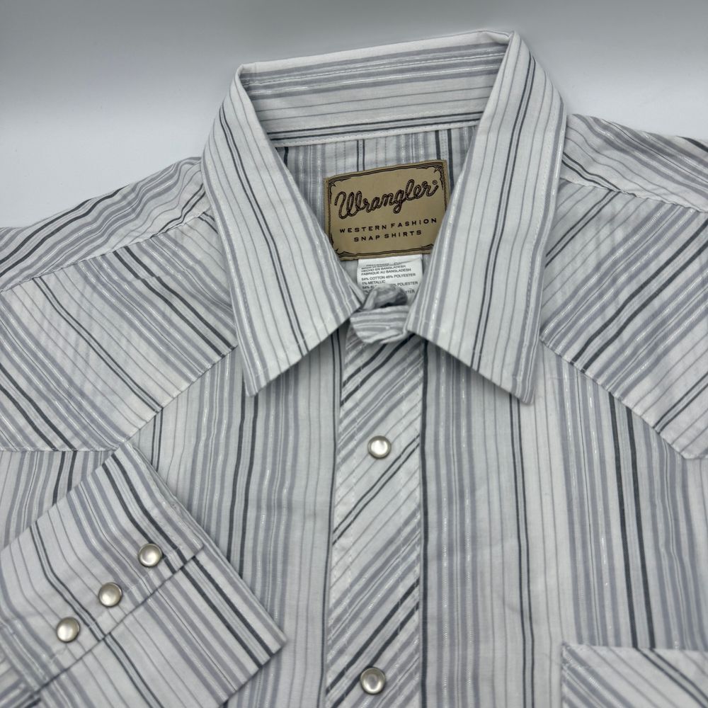 Wrangler Western‎ Metallic Pearl Snap Shirt Striped White Silver Gray Cowboy 2XL